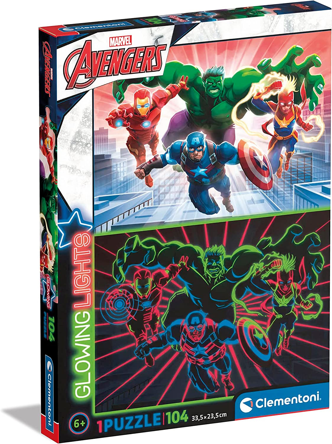 Wolk Handschrift Mening Clementoni-Marvel Avengers gloeiende lichten verzameling Avengers-104  stukken, 6 jaar oud, fluorescerende puzzel-evil in Italië, 27554,  multicolor Beschadigde Verpakking