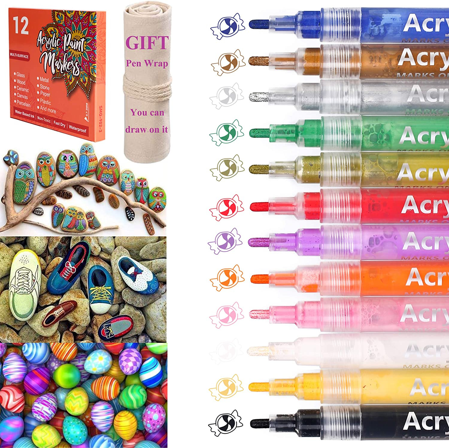 pellet Valkuilen Deens Acryl Markers Waterbasis Acryl Verf Markers, 12 Kleuren 3 mm