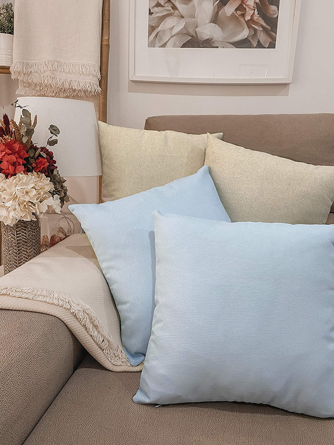 Pak 4 zachte linnen effect sofa grote decoratieve kussen voor woonkamer. Stijlvol kussen in verschillende maten (lichtblauw, 40x40cm).
